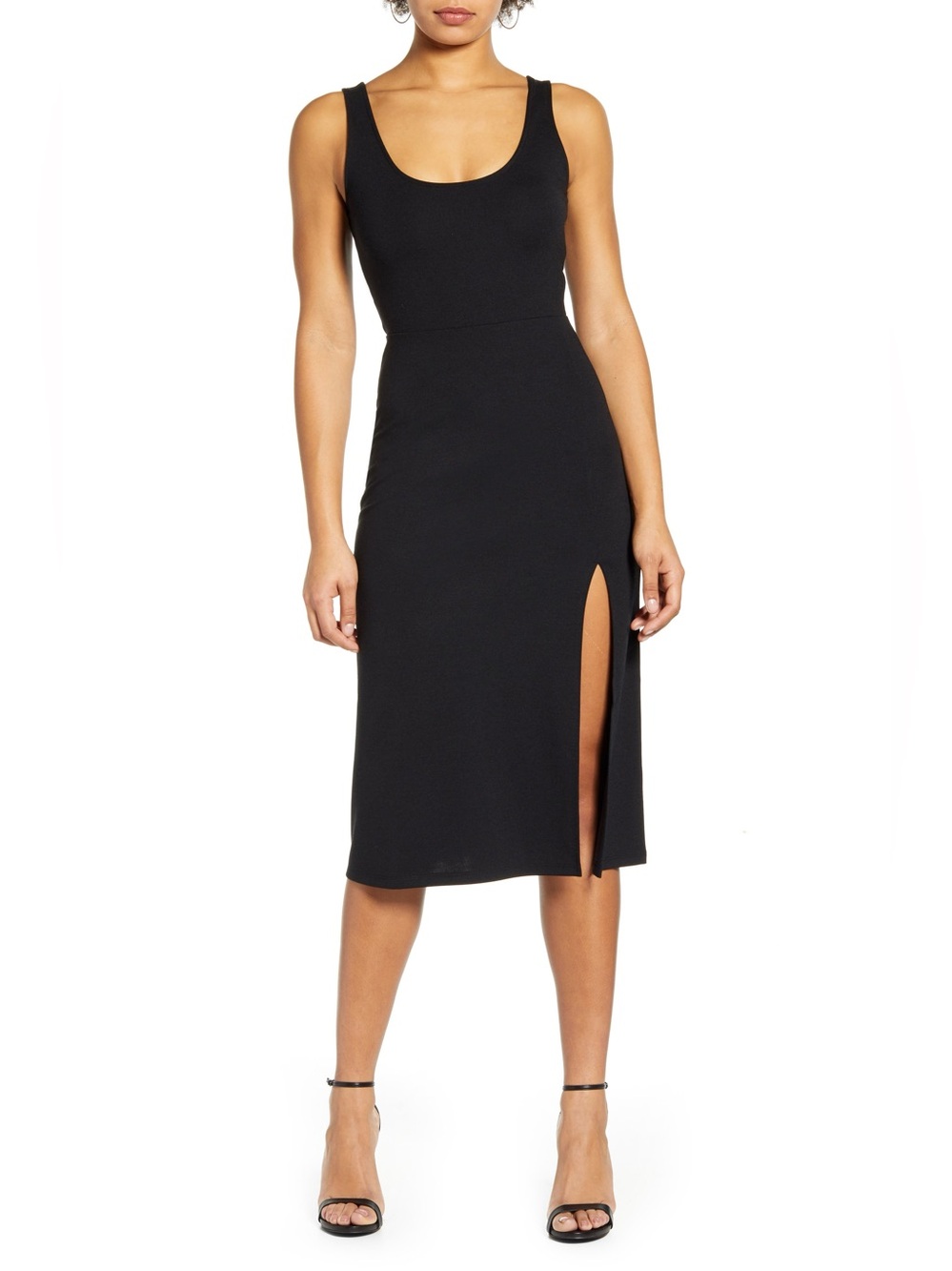 Leith Black Dress Knit Midi Scoop Neck Side Slit Jersey Knit